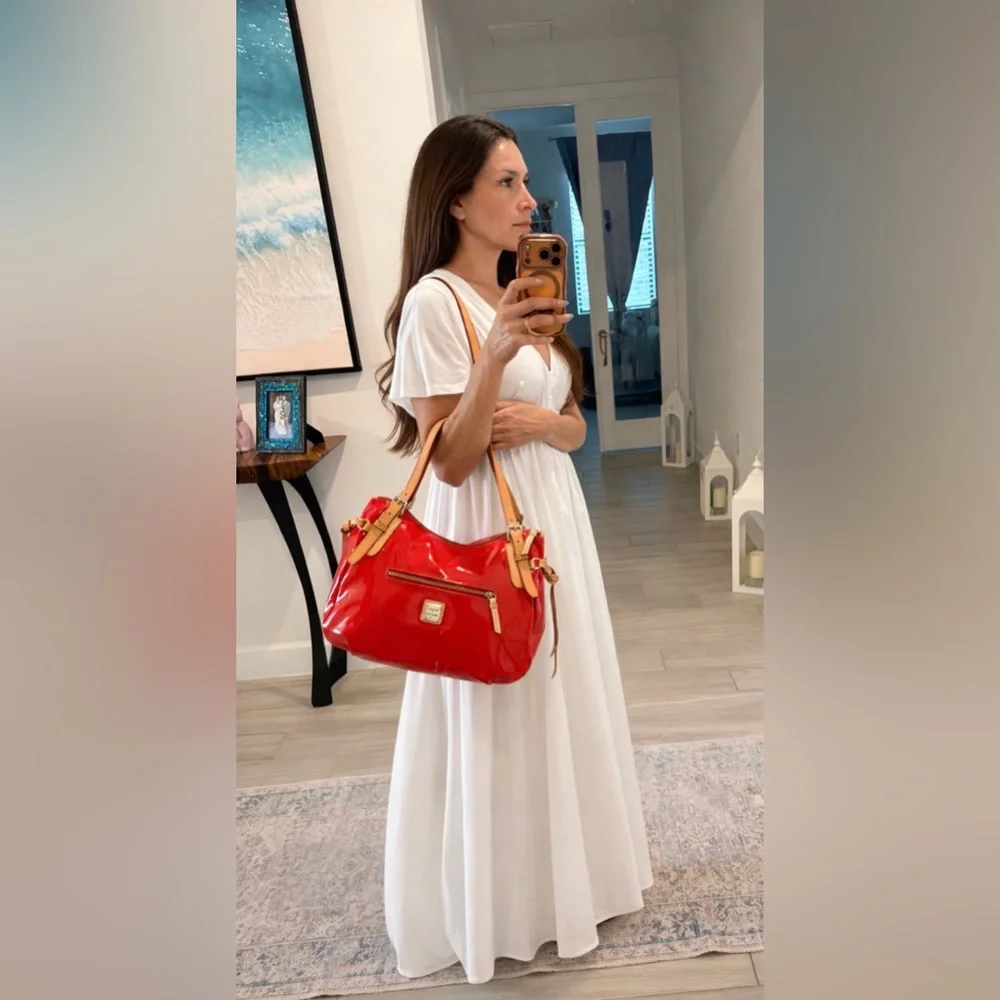 Dooney & Bourke Red Patent Leather Shoulder Hobo Tan Straps. Glossy Luxe Classic - Picture 16 of 17